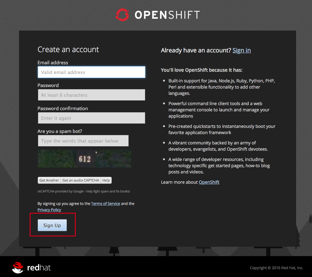 OpenShift サインアップ